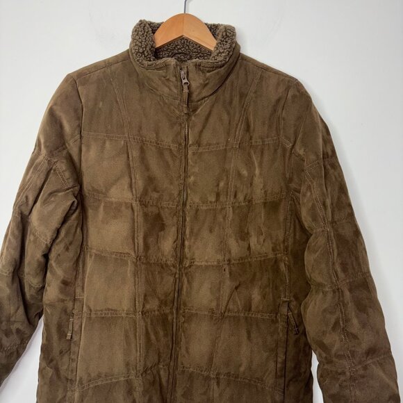Vintage LL Bean Women's L Faux Suede Quilt Goose Down Parka Coat Sherpa Brown - Picture 6 of 12